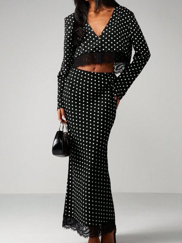 Elegant Black Women's Polka Dot Two Piece Set With Maxi Skirt